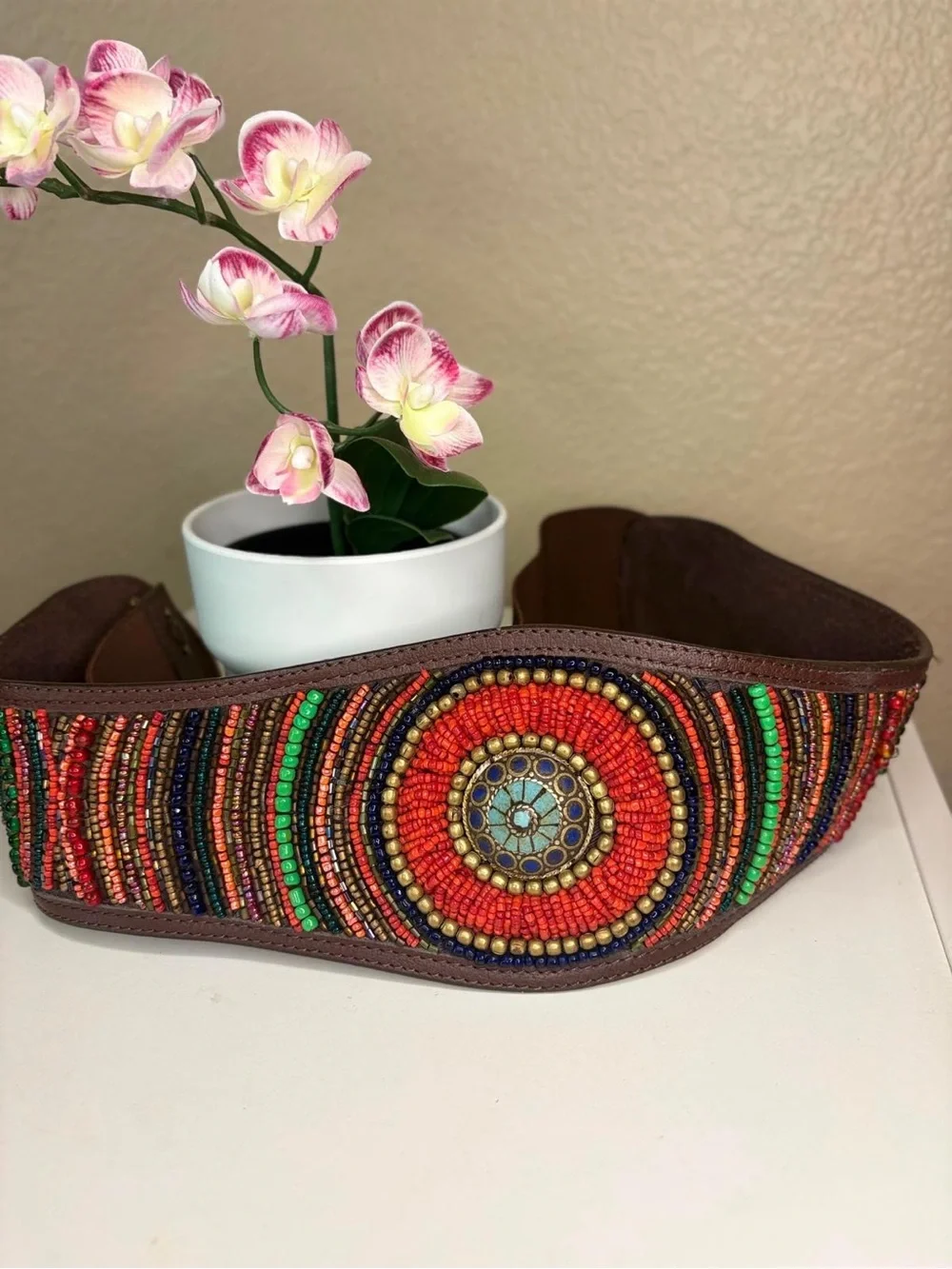 Boho Beaded Wide Leather Statement Belt Turquoise Concho Cowrie Shells